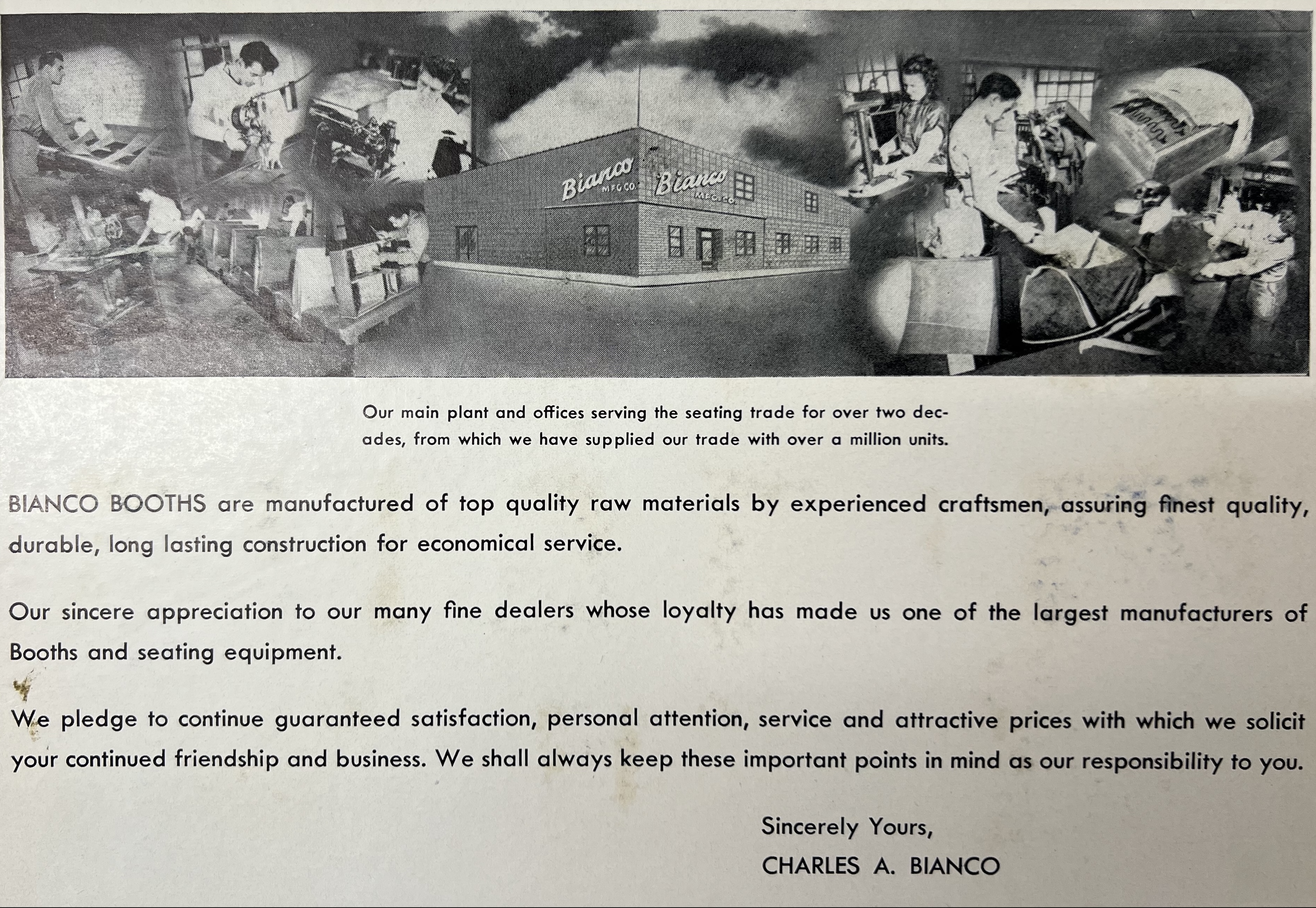 Historic Bianco Manufacturing catalog spread showing booth seating, factory production, and commercial restaurant layouts